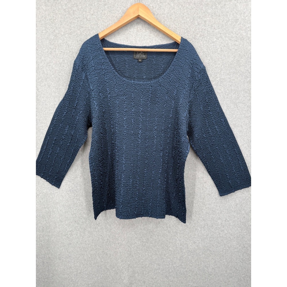 UBU Top Women XL‎ Blue Textured 3/4 Sleeve Scoop Neck Popcorn Crinkle Lagenlook